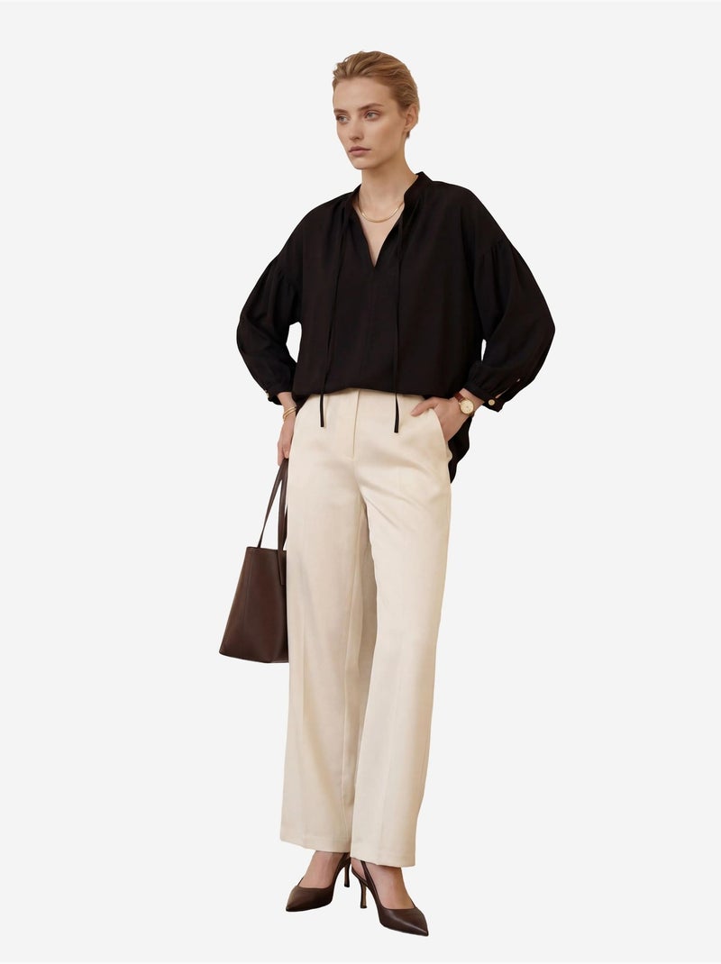 Chemise ample à manches longues en crêpe avec col mandarin my fashion Noir - Kiabi
