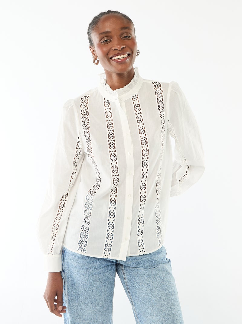 Chemise avec broderies anglaises et volants au col Blanc - Kiabi