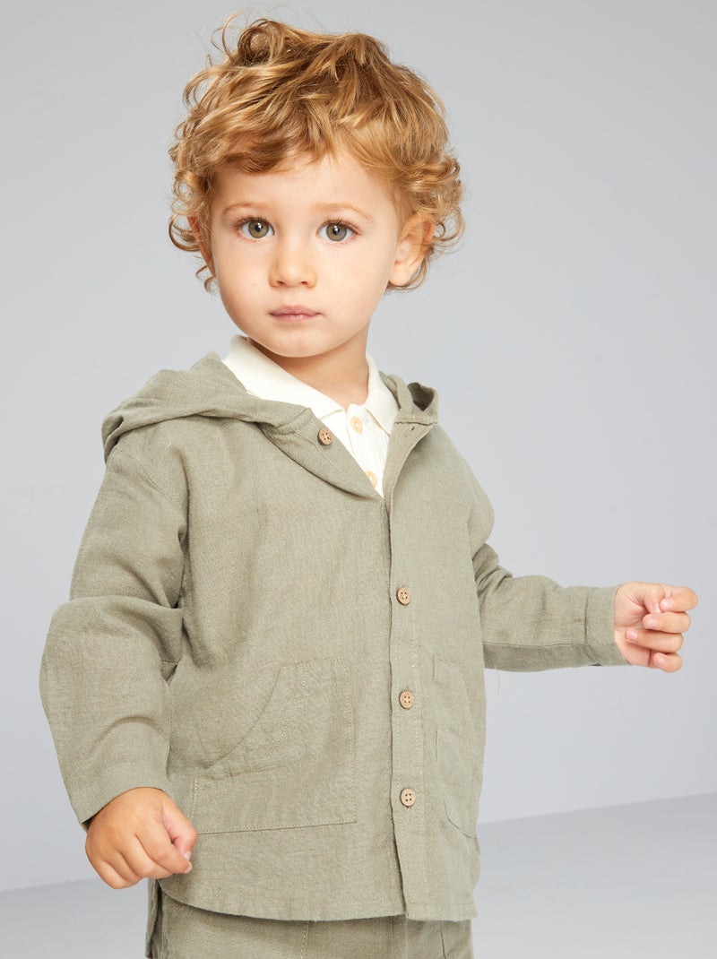 Chemise avec capuche en lin et coton Vert ombre - Kiabi