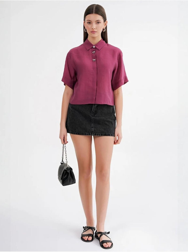 Chemise boutonnée à manches courtes avec accessoire en pierre mixray Framboise - Kiabi