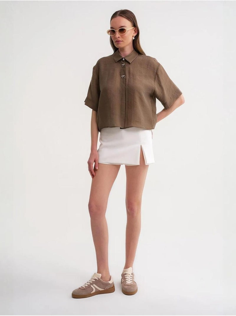 Chemise boutonnée à manches courtes avec accessoire en pierre mixray Marron clair - Kiabi
