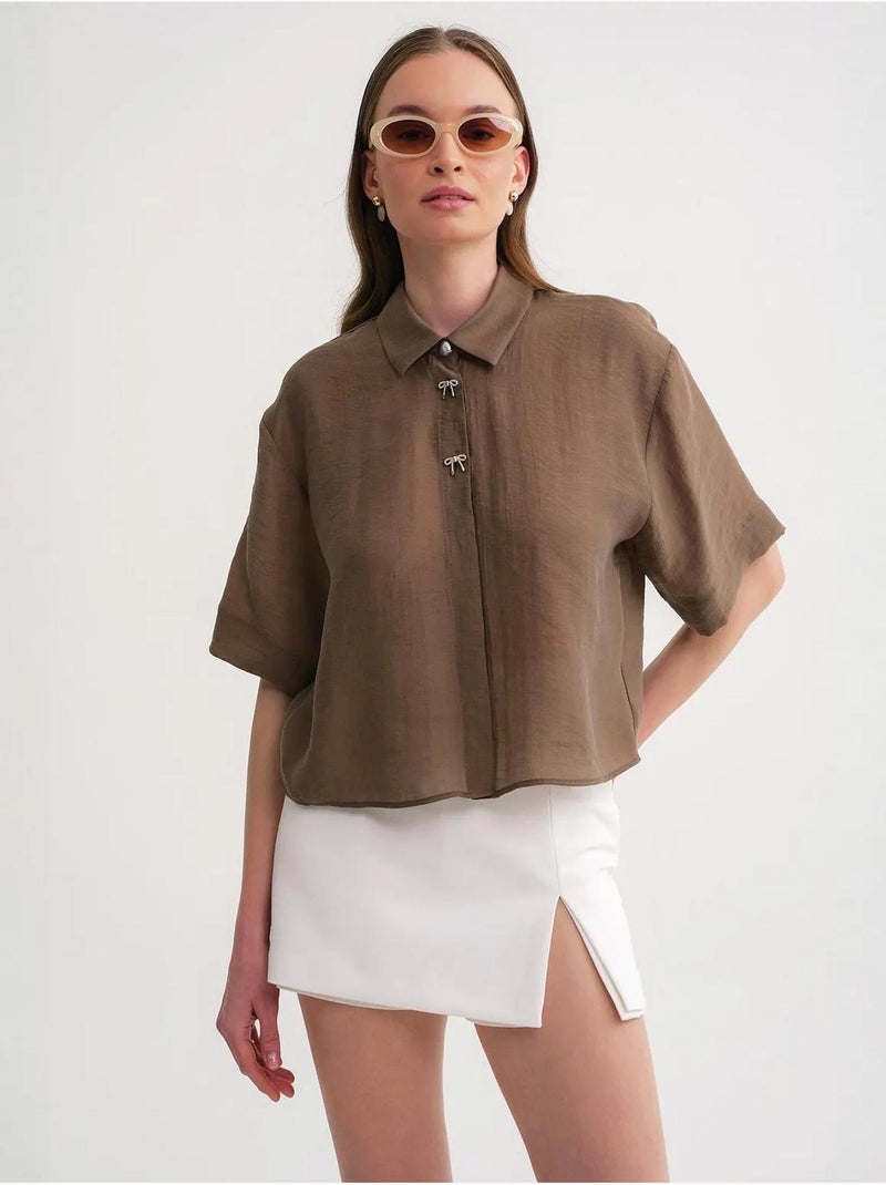 Chemise boutonnée à manches courtes avec accessoire en pierre mixray Marron clair - Kiabi