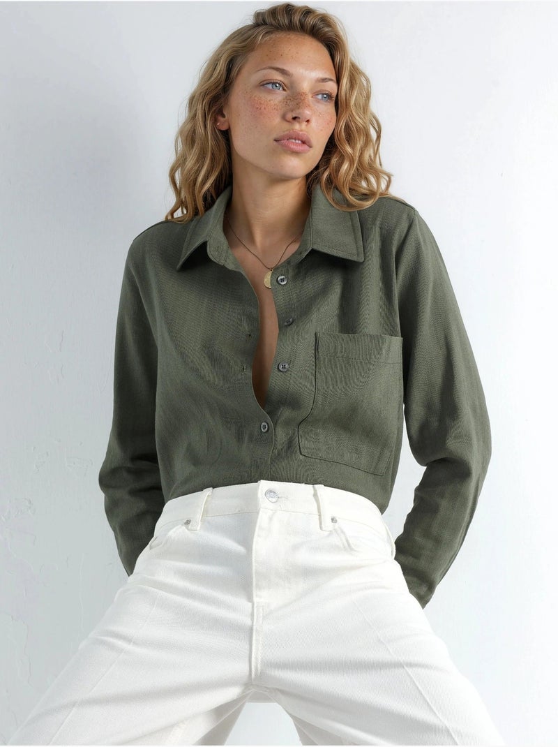 Chemise boutonnée à manches longues coupe confortable hiccup Kaki - Kiabi