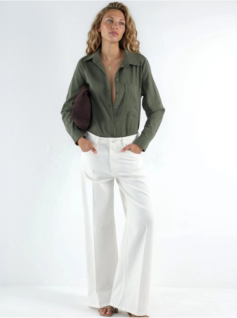 Chemise boutonnée à manches longues coupe confortable hiccup Kaki - Kiabi