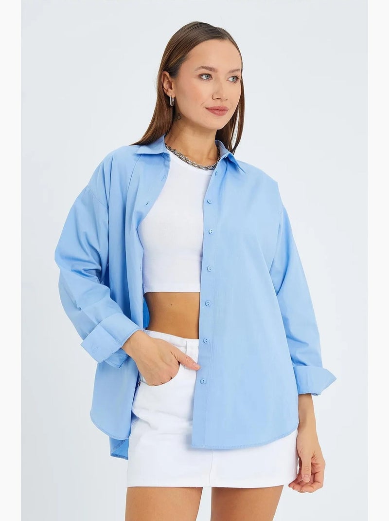 Chemise boutonnée à manches longues en coton mixray Bleu ciel - Kiabi