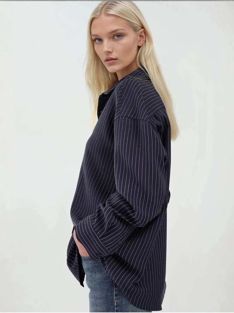 Chemise boutonnée à rayures avec col chemise hiccup Bleu marine - Kiabi
