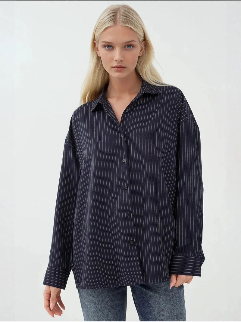 Chemise boutonnée à rayures avec col chemise hiccup Bleu marine - Kiabi