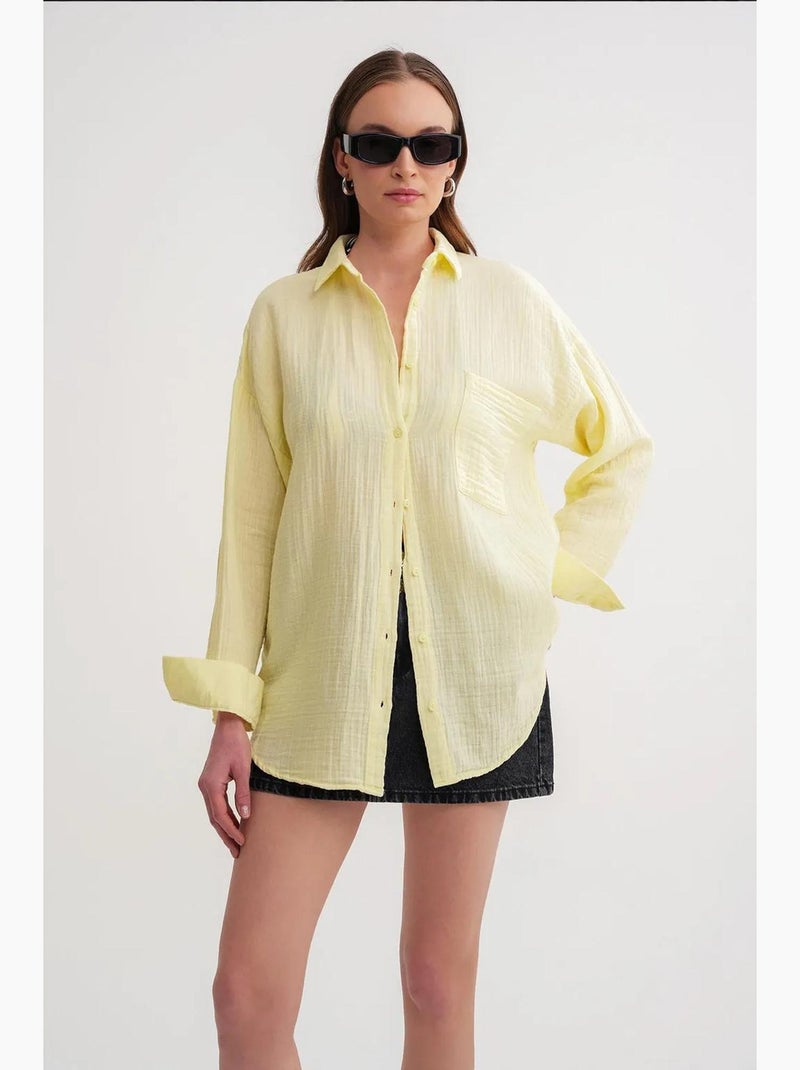 Chemise boutonnée en coton texturé avec poche mixray Ambre - Kiabi