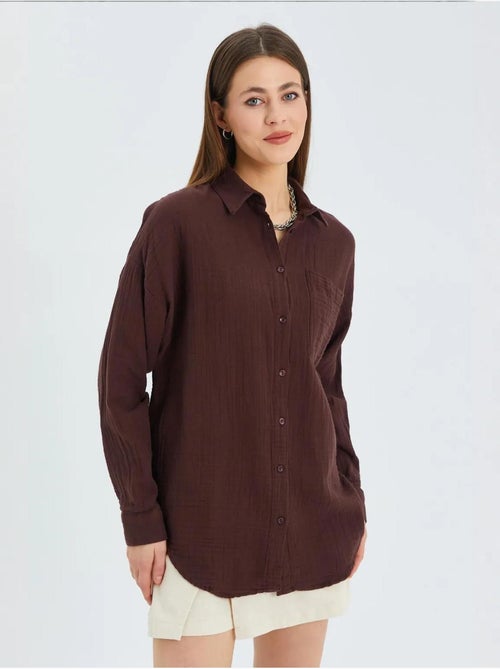 Chemise boutonnée en coton texturé avec poche mixray - Kiabi