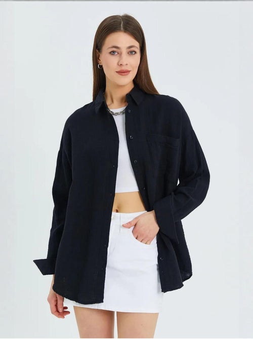 Chemise boutonnée en coton texturé avec poche mixray - Kiabi
