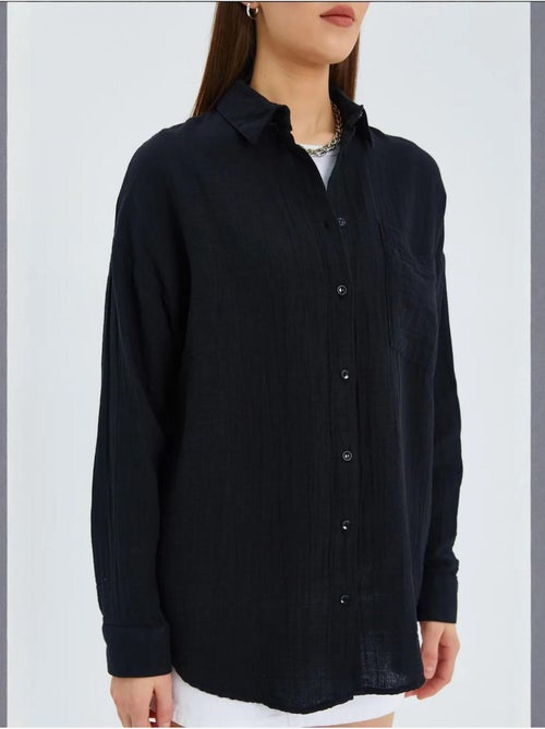 Chemise boutonnée en coton texturé avec poche mixray - Kiabi
