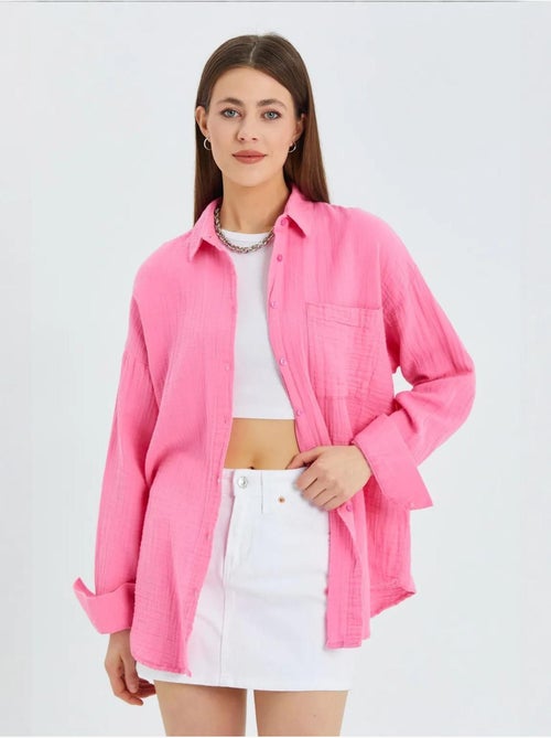 Chemise boutonnée en coton texturé avec poche mixray - Kiabi