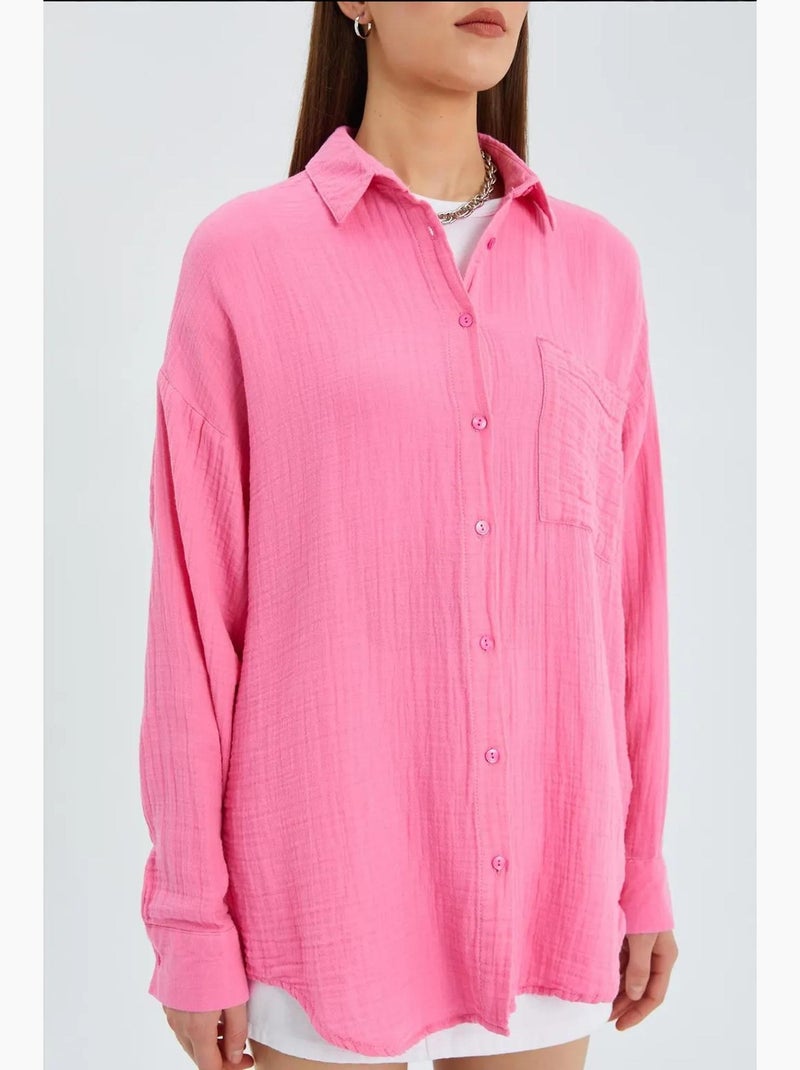 Chemise boutonnée en coton texturé avec poche mixray Rose fluo/Solinotes - Kiabi