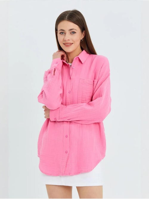Chemise boutonnée en coton texturé avec poche mixray - Kiabi