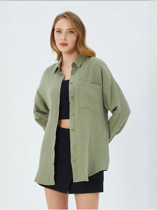 Chemise boutonnée en coton texturé avec poche mixray - Kiabi