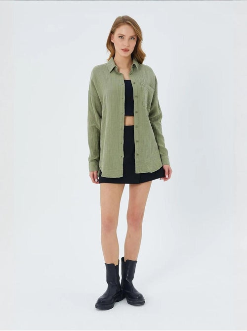 Chemise boutonnée en coton texturé avec poche mixray - Kiabi