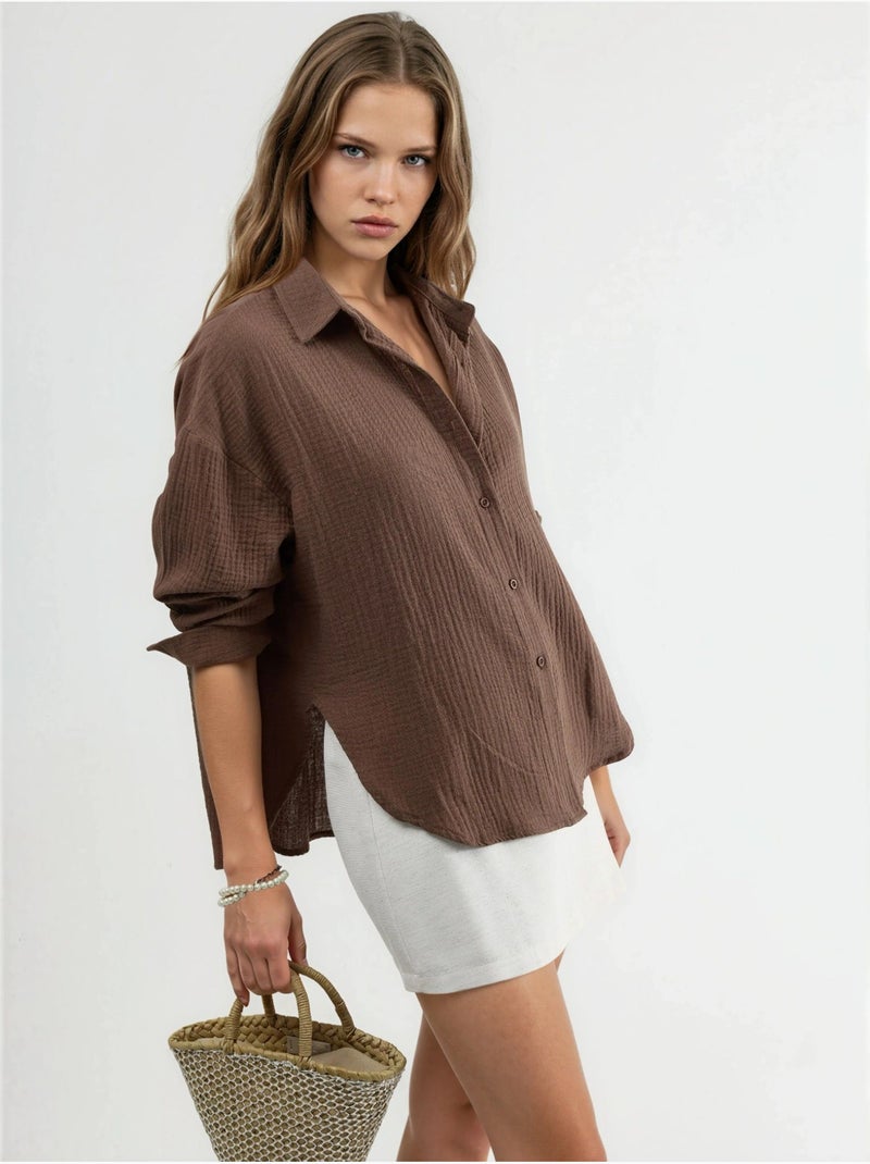 Chemise boutonnée en coton texturé busem Marron - Kiabi