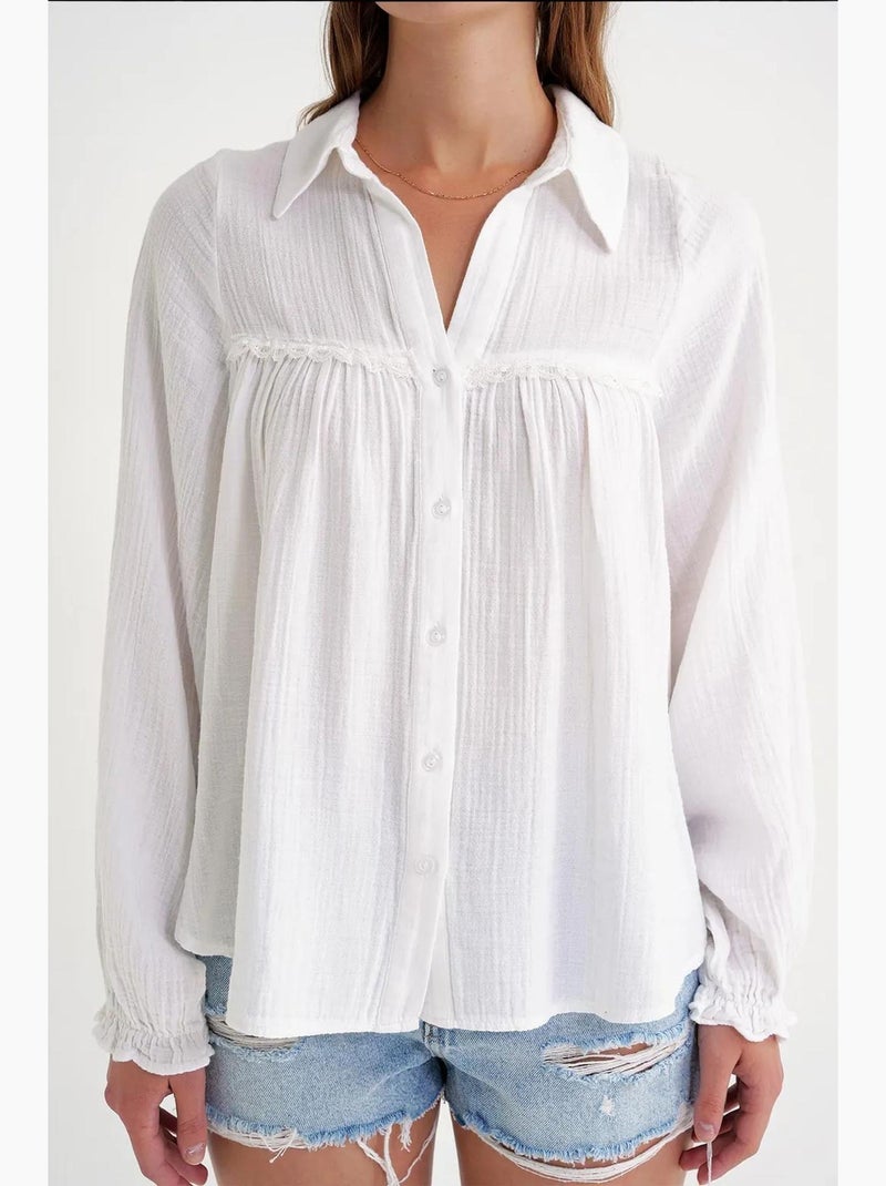 Chemise boutonnée en coton texturé mixray Blanc - Kiabi