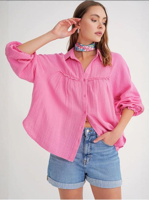 Chemise boutonnée en coton texturé mixray - Kiabi Chemise boutonnée en coton texturé mixray - Kiabi