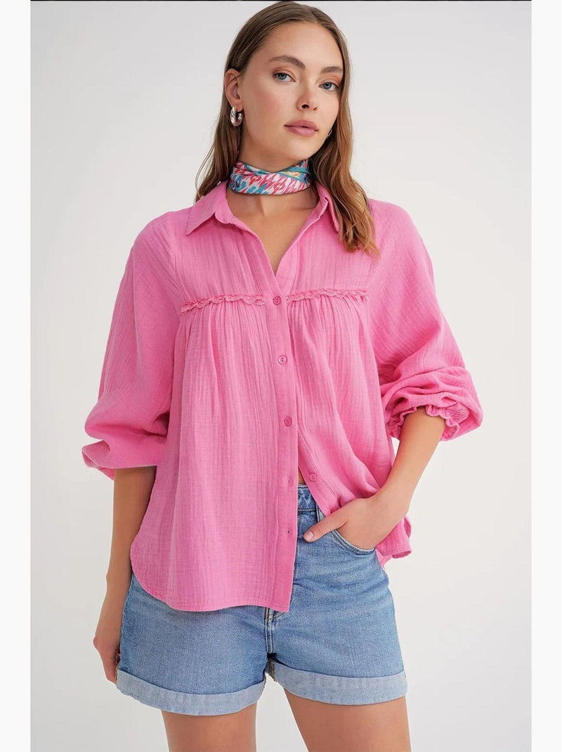 Chemise boutonnée en coton texturé mixray Rose fluo/Solinotes - Kiabi