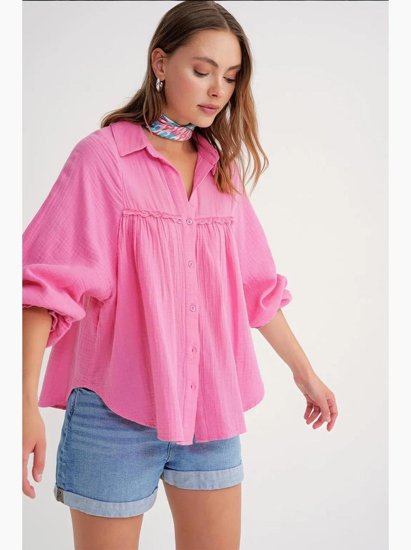 Chemise boutonnée en coton texturé mixray Rose fluo/Solinotes - Kiabi