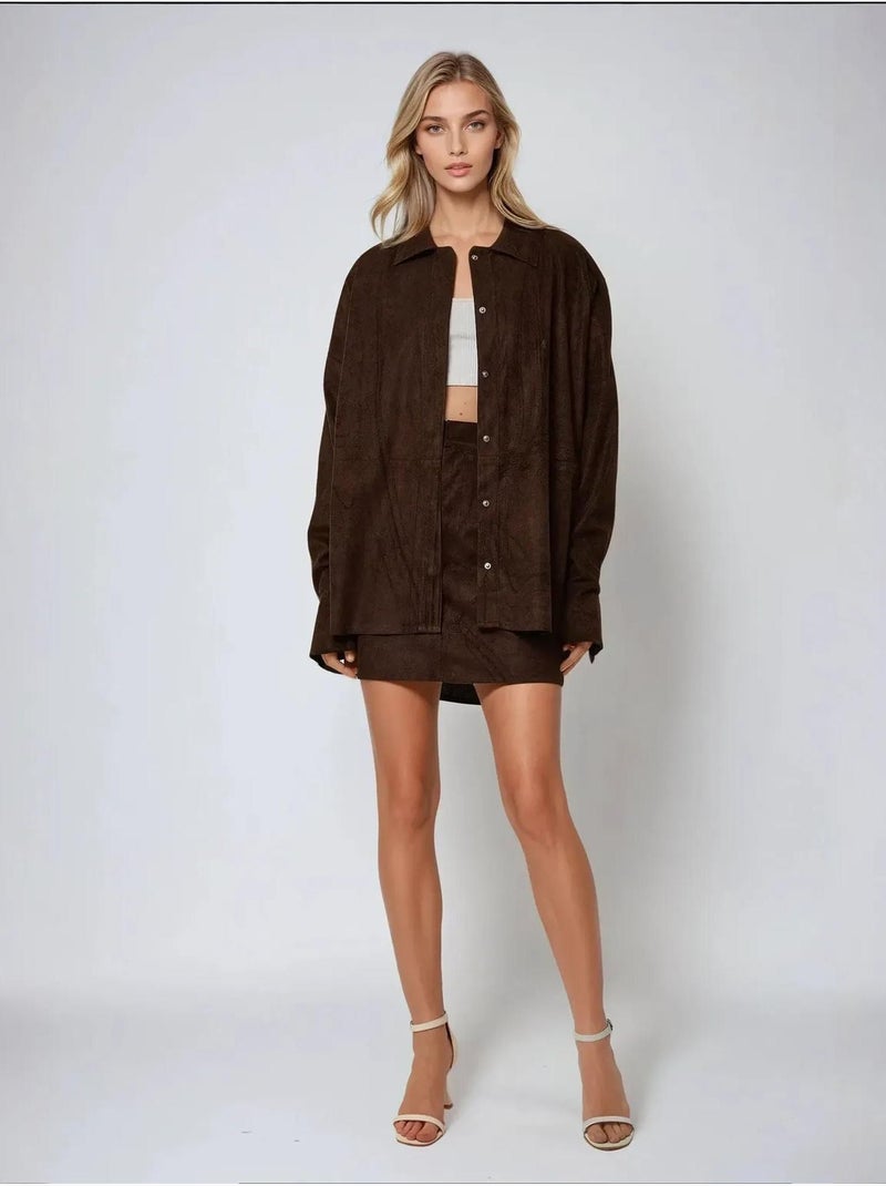 Chemise boutonnée en faux daim hiccup Marron - Kiabi
