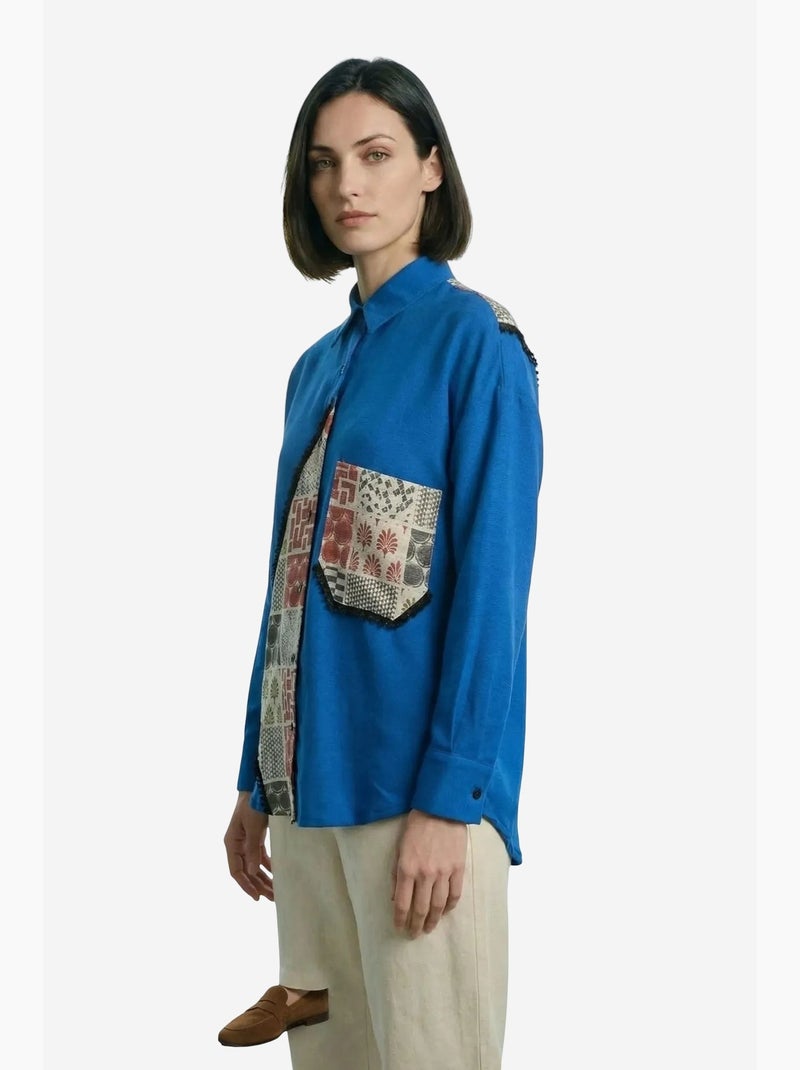 Chemise boutonnée en lin mélangé à imprimé géométrique ma mode my fashion Bleu cobalt - Kiabi