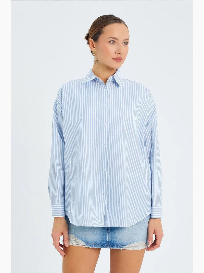 Chemise boutonnée en popeline rayée mixray Bleu clair - Kiabi