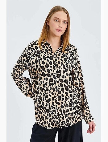Chemise boutonnée en satin imprimé léopard mixray