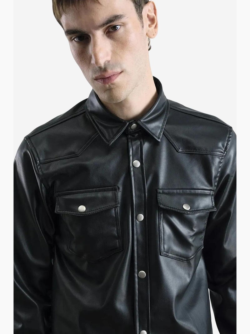 Chemise boutonnée en similicuir avec poche giesto Noir - Kiabi