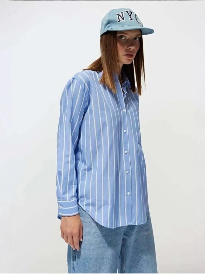 Chemise boutonnée surdimensionnée à rayures avec poche mixray Bleu clair - Kiabi