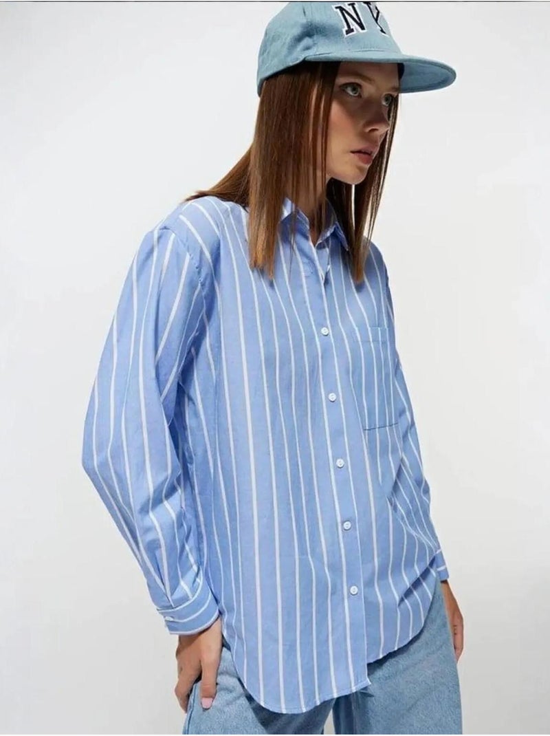 Chemise boutonnée surdimensionnée à rayures avec poche mixray Bleu clair - Kiabi