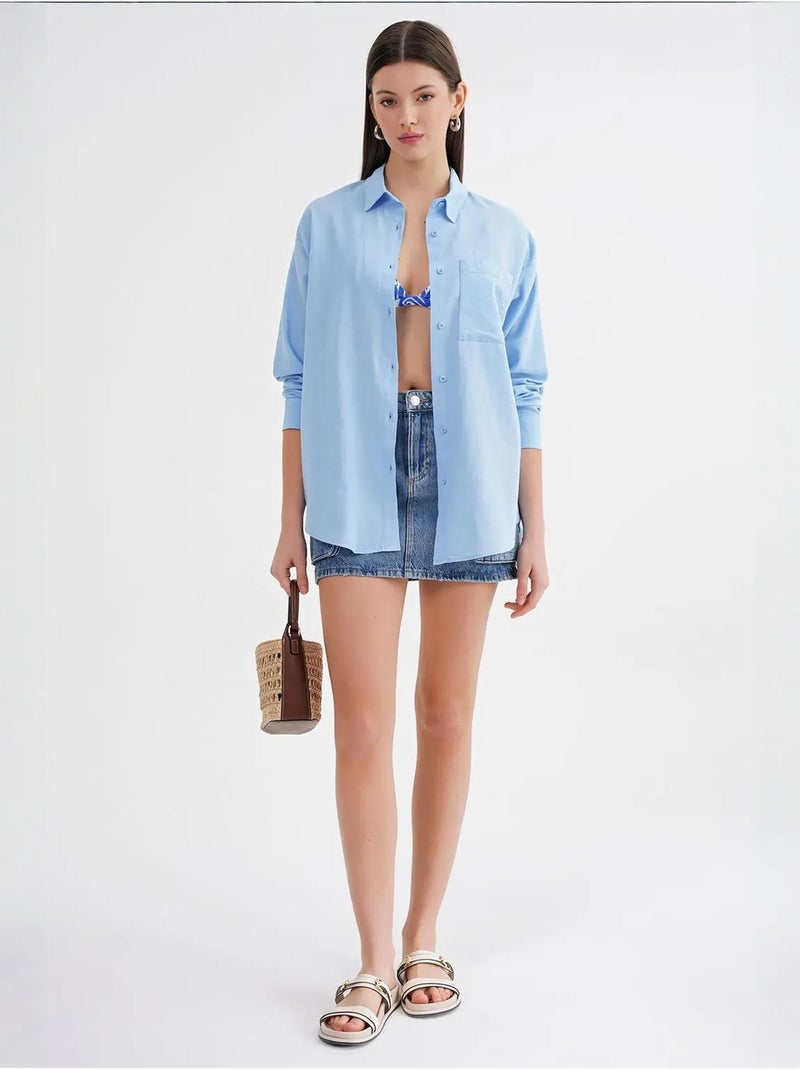 Chemise boutonnée surdimensionnée en lin mélangé avec poche mixray Bleu ciel - Kiabi