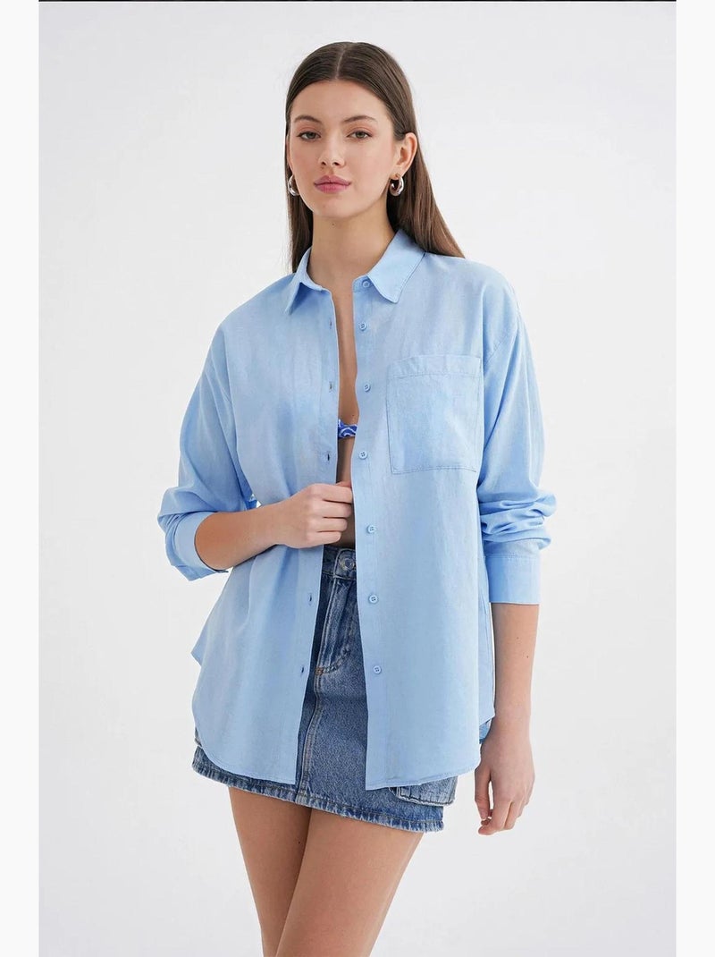 Chemise boutonnée surdimensionnée en lin mélangé avec poche mixray Bleu ciel - Kiabi