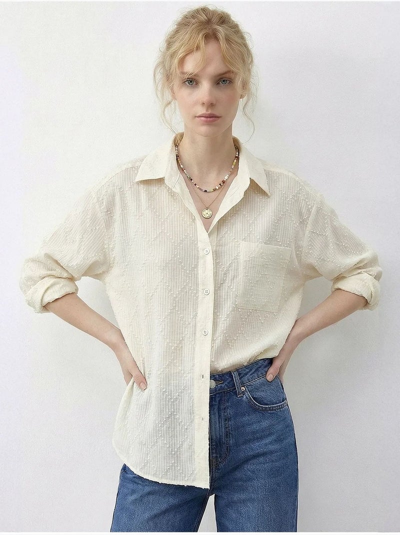 Chemise boutonnée texturée à coupe décontractée lucci Crème - Kiabi