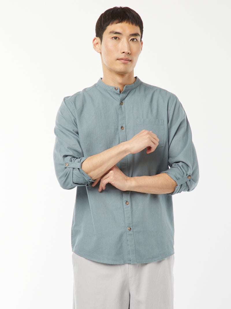 Chemise col mao avec lin Bleu - Kiabi