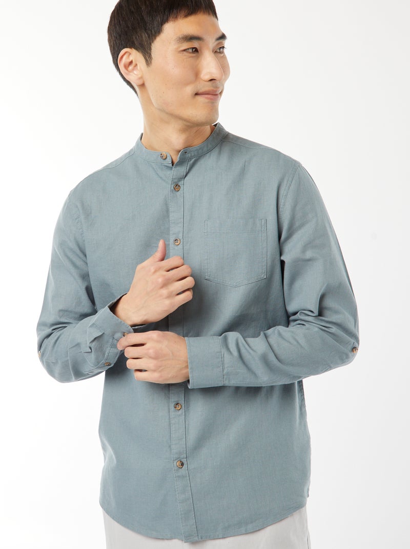 Chemise col mao avec lin Bleu - Kiabi