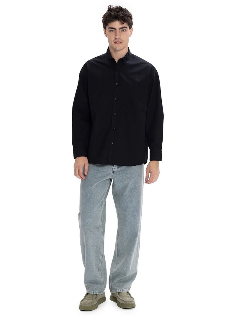 Chemise coupe classique manches longues en popeline avec fermeture boutonnée giesto Noir - Kiabi