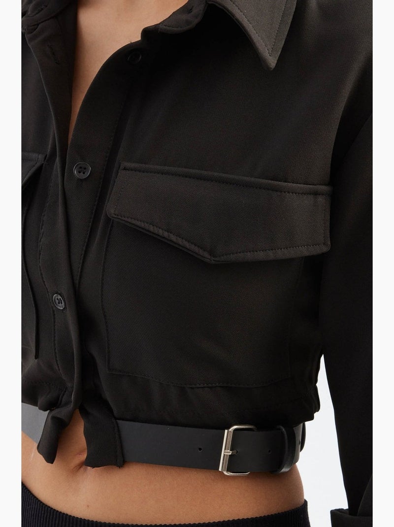 Chemise courte à col montant et poches avec ceinture hiccup Noir - Kiabi