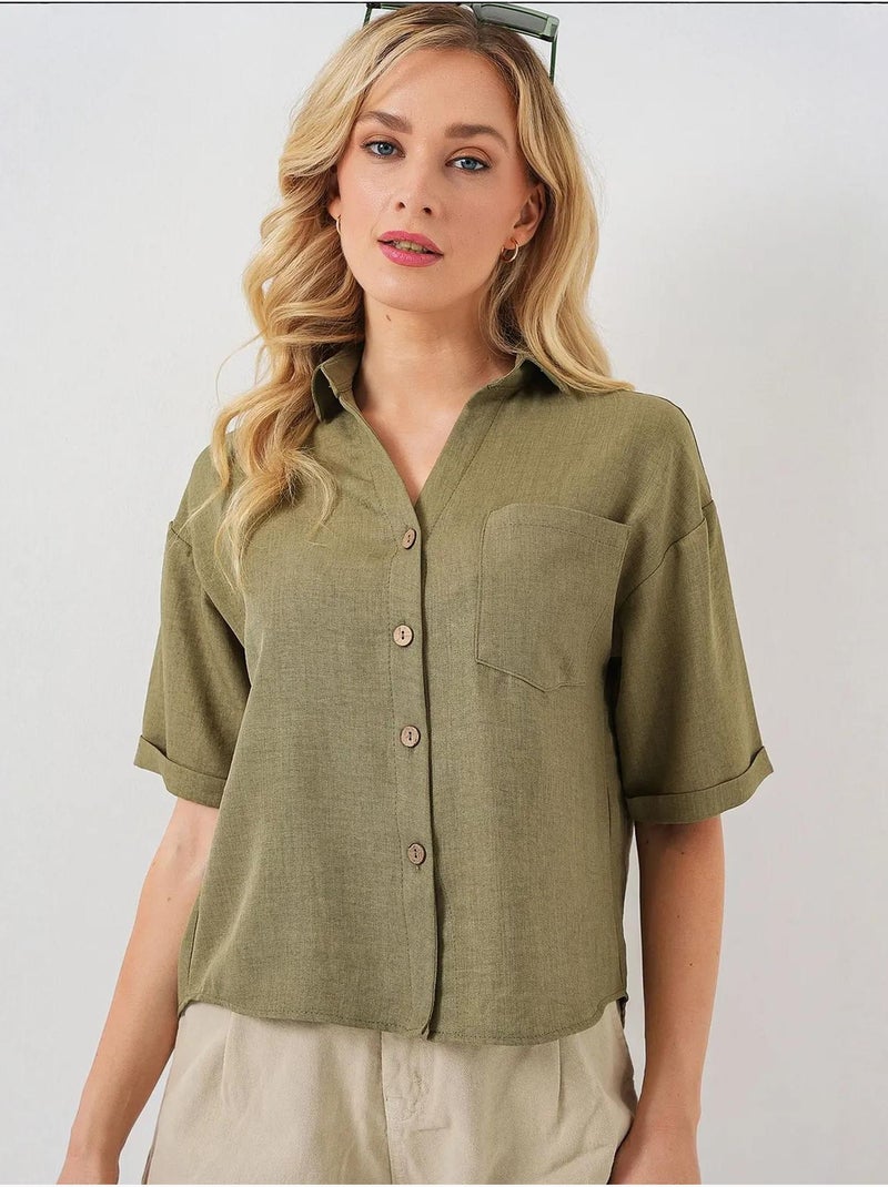 Chemise courte aspect lin bdart Vert kaki - Kiabi