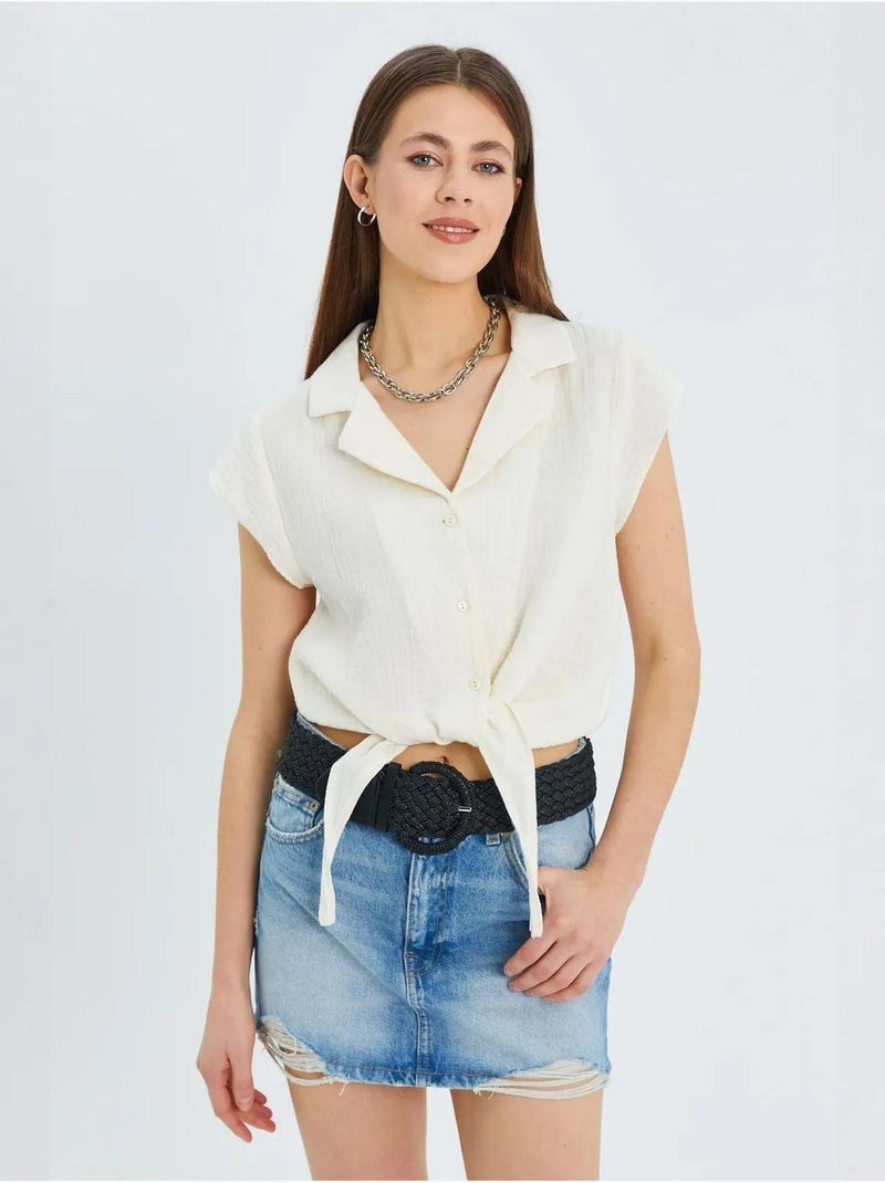 Chemise courte avec détail nœud mixray Beige - Kiabi