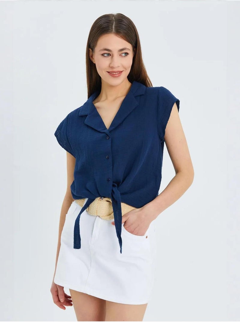 Chemise courte avec détail nœud mixray Bleu marine - Kiabi