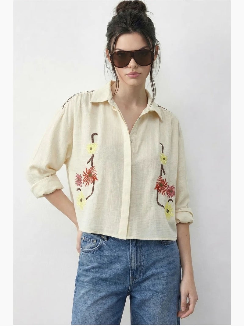 Chemise courte brodée avec fermeture boutonnée lucci Crème - Kiabi