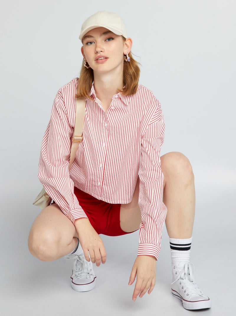 Chemise courte en coton Rouge à rayures - Kiabi
