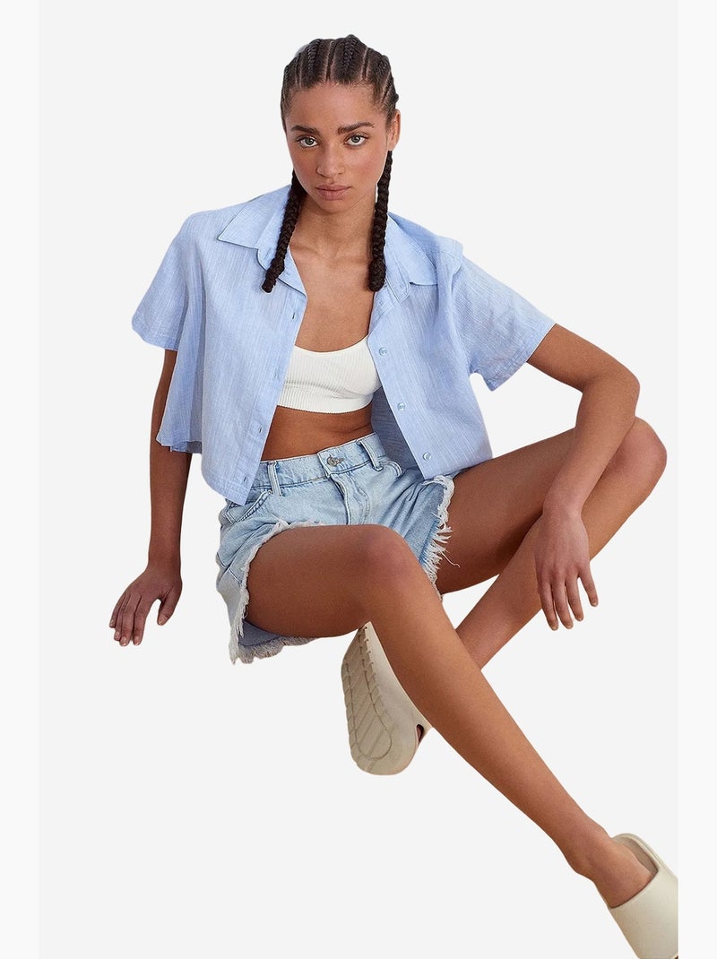 Chemise courte femme en mélange de lin dilvin Bleu ciel - Kiabi
