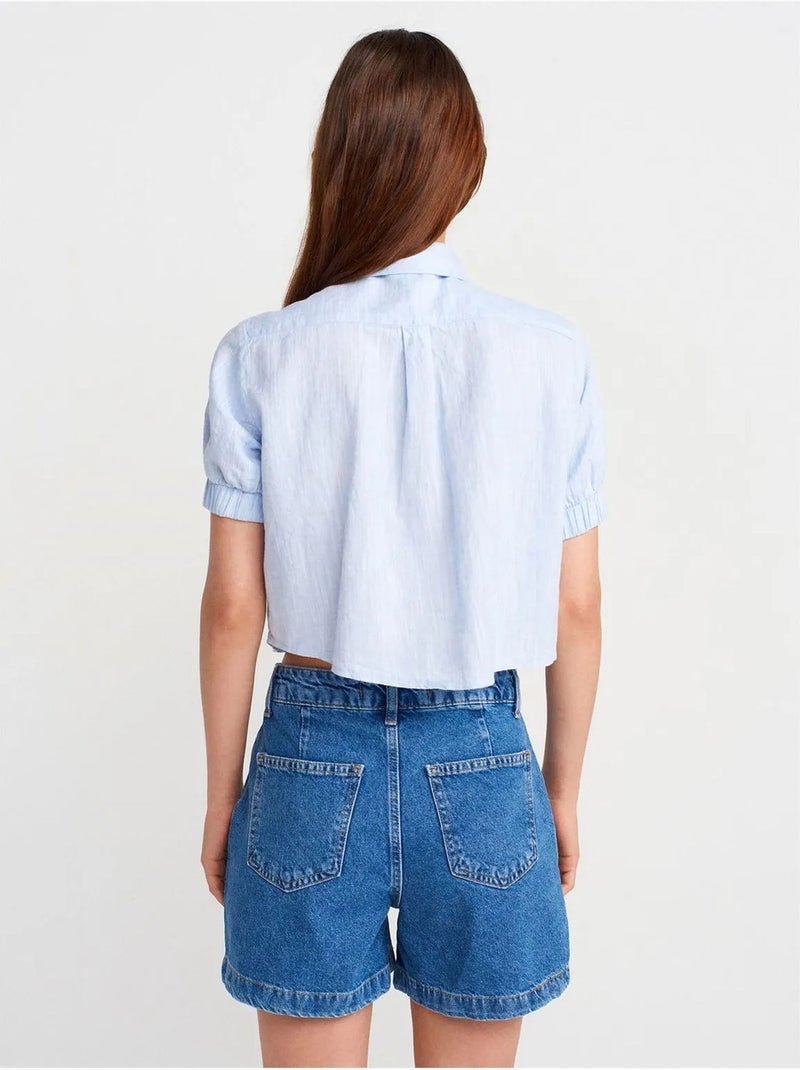 Chemise courte femme en mélange de lin dilvin Bleu ciel - Kiabi