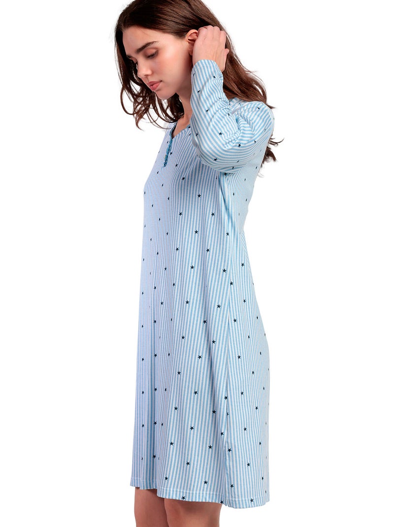 Chemise de nuit manches longues col rond stripes and stars Bleu - Kiabi