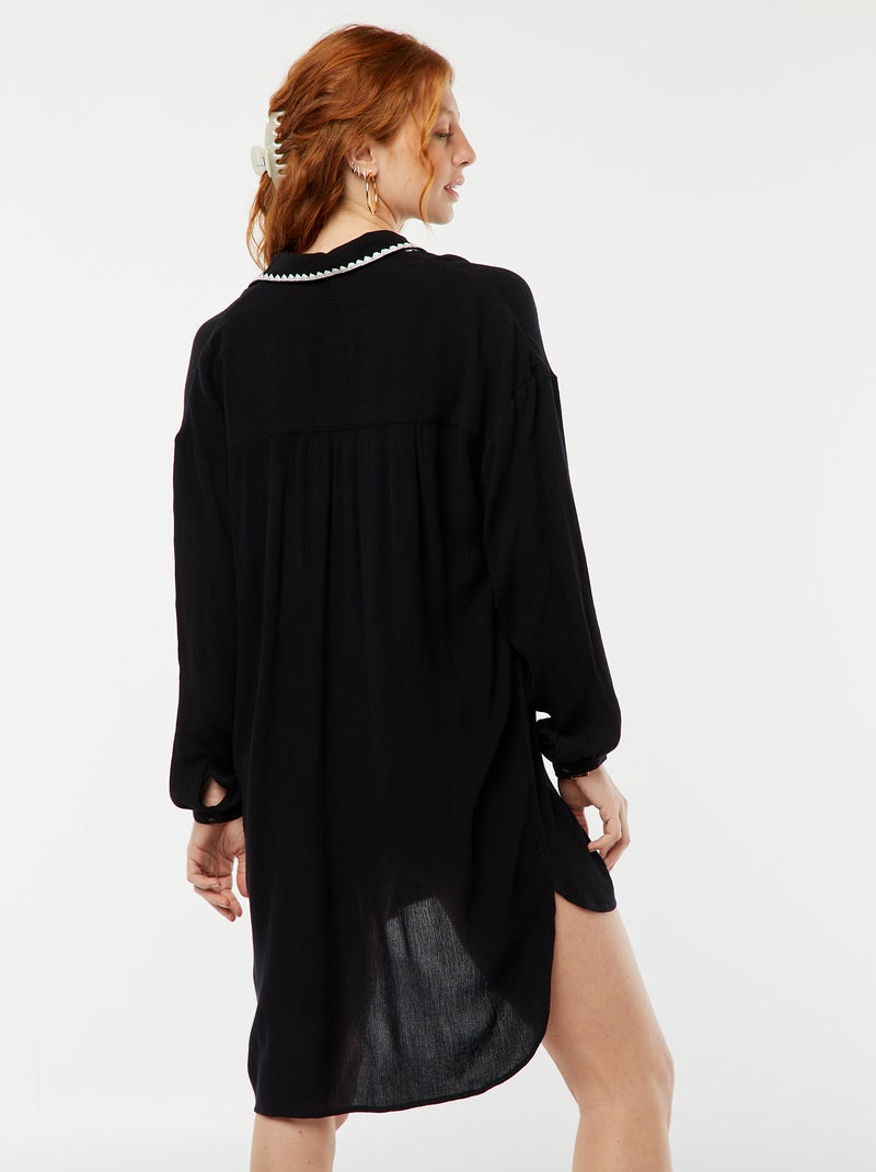 Chemise de plage longue avec encolure brodée Noir - Kiabi