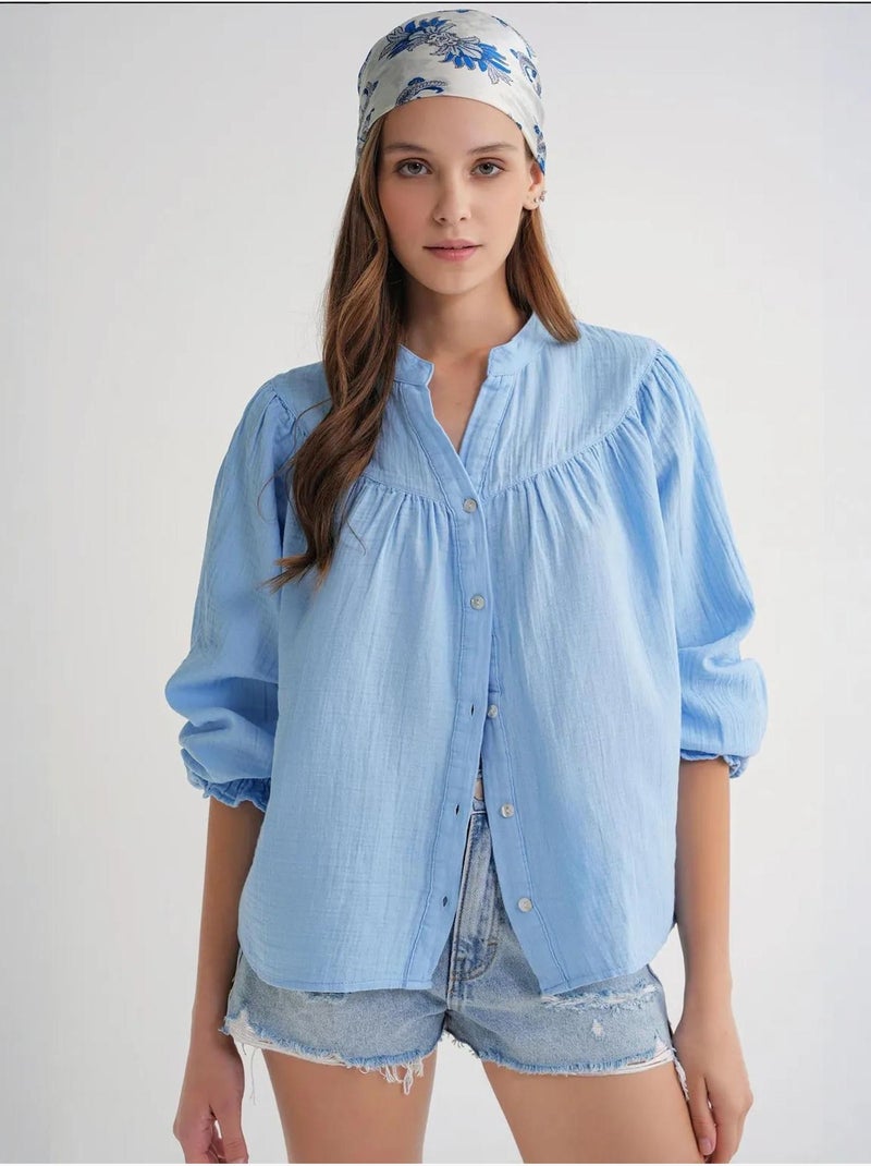 Chemise en coton à col mao et boutons mixray Bleu ciel - Kiabi