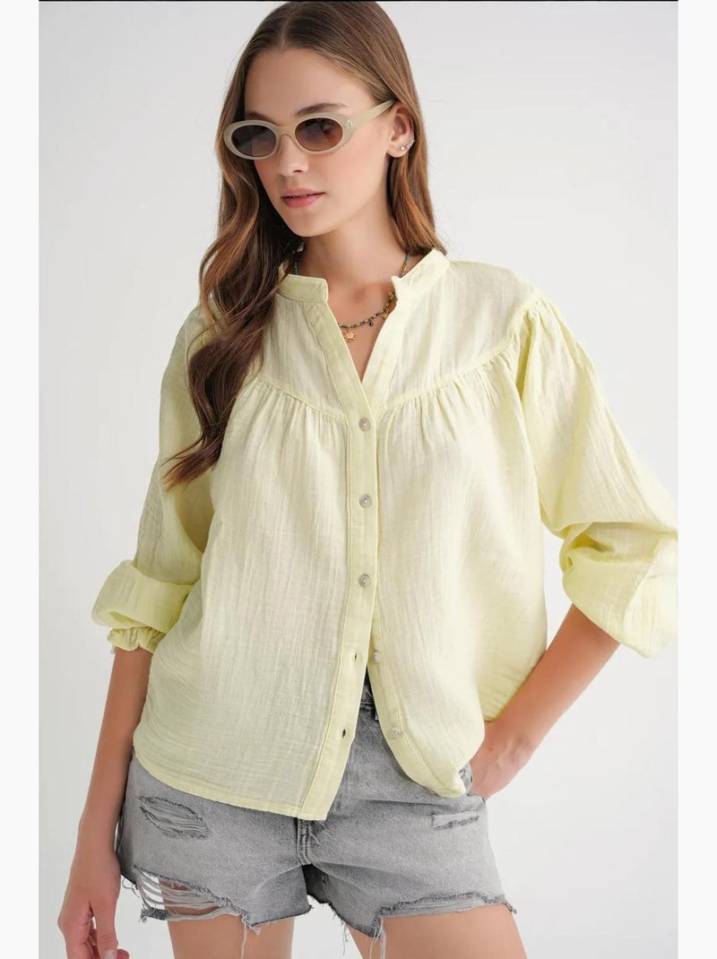 Chemise en coton à col mao et boutons mixray Jaune - Kiabi